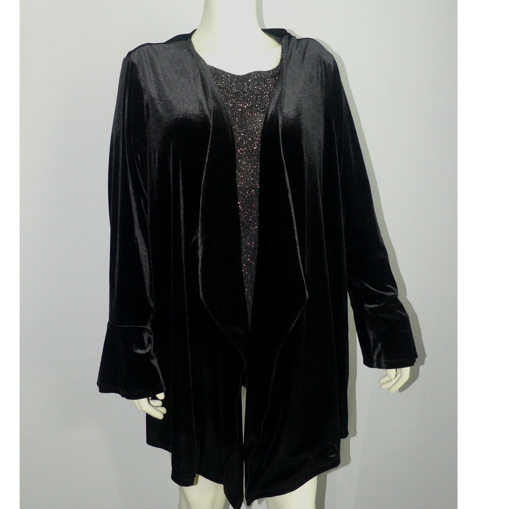 Chaus New York Black Velvet Open Front Cardigan Bell Sleeve Plus Size 3X